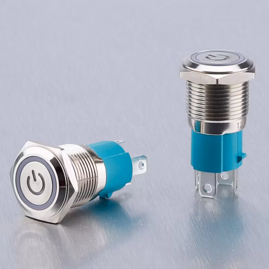 대전류 유형 16mm 10A 순간 12V 24V 빨간색 파란색 LED(전원 로고 조명 금속 스위치 IP67 푸시 버튼 포함)